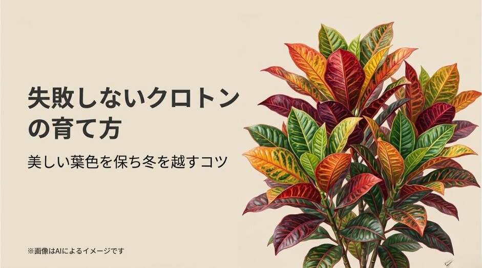 鮮やかな赤や黄色の葉を広げる美しいクロトンのイラストと、育て方のコツを伝えるアイキャッチ画像
