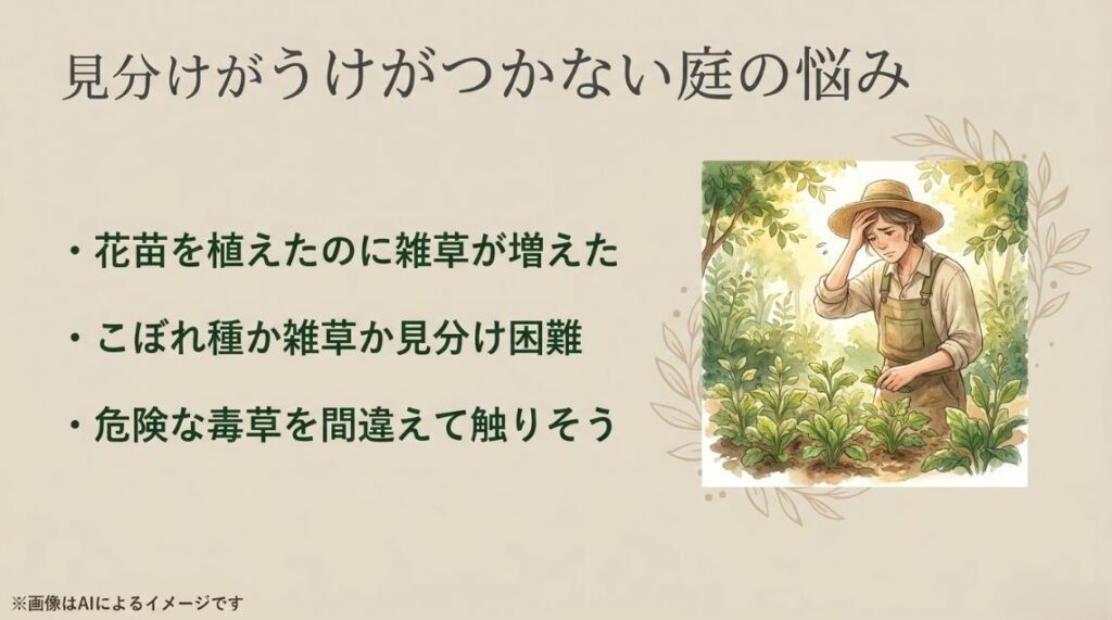 庭の植物を前にして、園芸品種か雑草か見分けがつかずに頭を抱えて困っている女性ガーデナーのイラスト