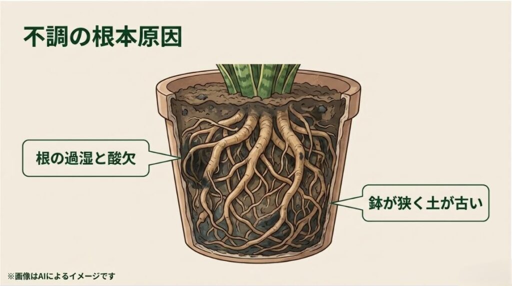 狭い鉢と古い土によって根が過湿状態となり、酸欠で苦しんでいる様子を表したイラスト