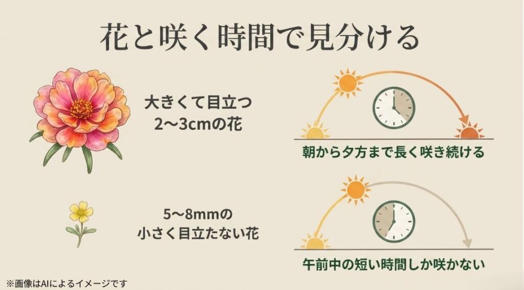 太陽の動きと時計のイラストで、朝から夕方まで咲く大きなポーチュラカの花と午前中しか咲かない小さなスベリヒユの花の違いを比較したスライド