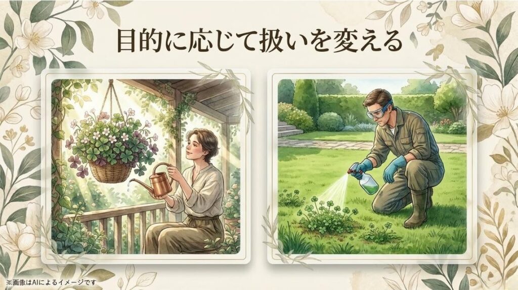 ベランダのハンギングバスケットでオキザリスに水やりをしてガーデニングを安全に楽しむ女性のイラスト