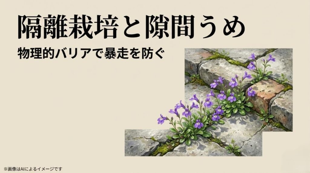 石の隙間やコンクリートの目地に綺麗に咲くサギゴケと、物理的バリアで暴走を防ぐ方法を描いたイラスト