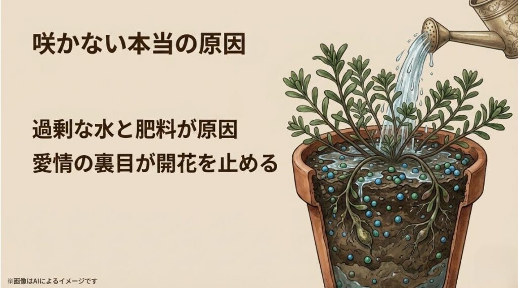 鉢の中に水と肥料の粒が溜まり根が呼吸できていないイラストと、愛情の裏目が開花を止める原因を解説したスライド