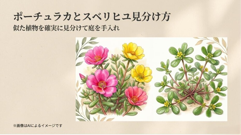 ピンクや黄色のカラフルなポーチュラカと緑色のスベリヒユが並んだイラストで、似た植物の見分け方と庭の手入れを伝えるアイキャッチ画像