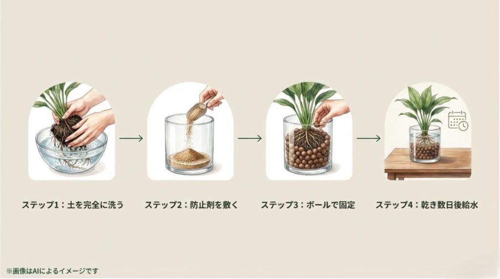 土を洗う、防止剤を敷く、ボールで固定、乾き数日後に給水するという、水耕栽培への植え替え4ステップを図解したスライド