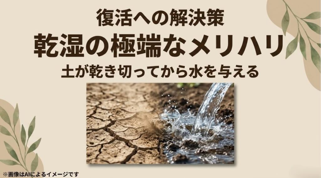 干からびた土と水やりの対比イメージと、土が完全に乾き切ってから水を与える重要性をまとめたスライド