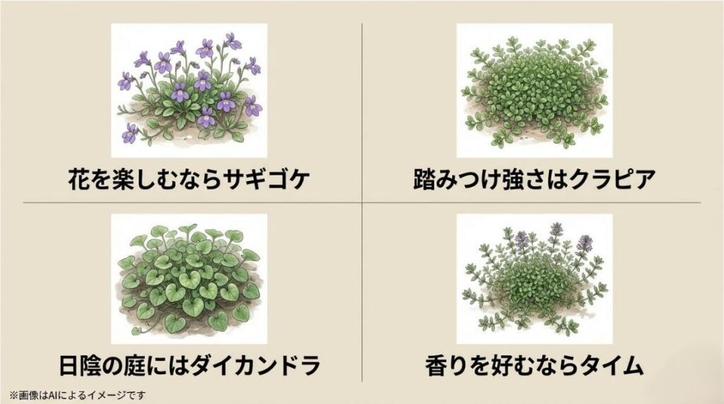 花を楽しむサギゴケ、踏みつけに強いクラピア、日陰に向くダイカンドラ、香りの良いタイムのイラスト