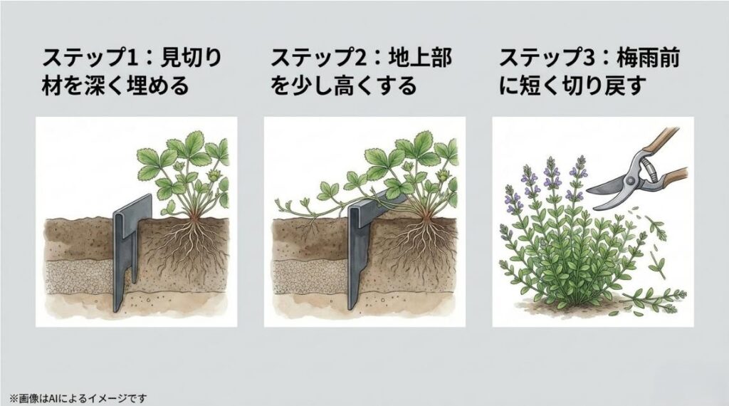 見切り材を深く埋めて地上部を高くする物理的バリアの設置図と、梅雨前に短く切り戻す剪定の手順イラスト