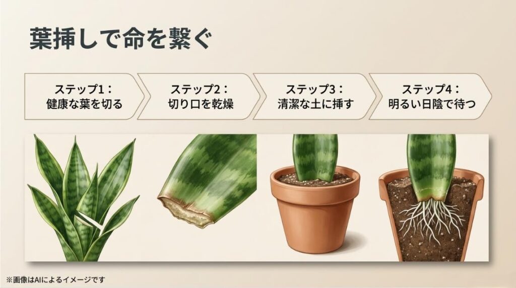 健康な葉のカットから切り口の乾燥、清潔な土への挿し木まで、葉挿しで命を繋ぐ手順をまとめたスライド