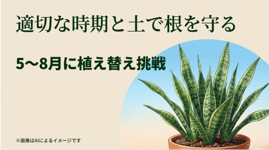 5月から8月の暖かい時期に水はけの良い土を選んでサンスベリアの植え替えに挑戦することをすすめるまとめのイラスト