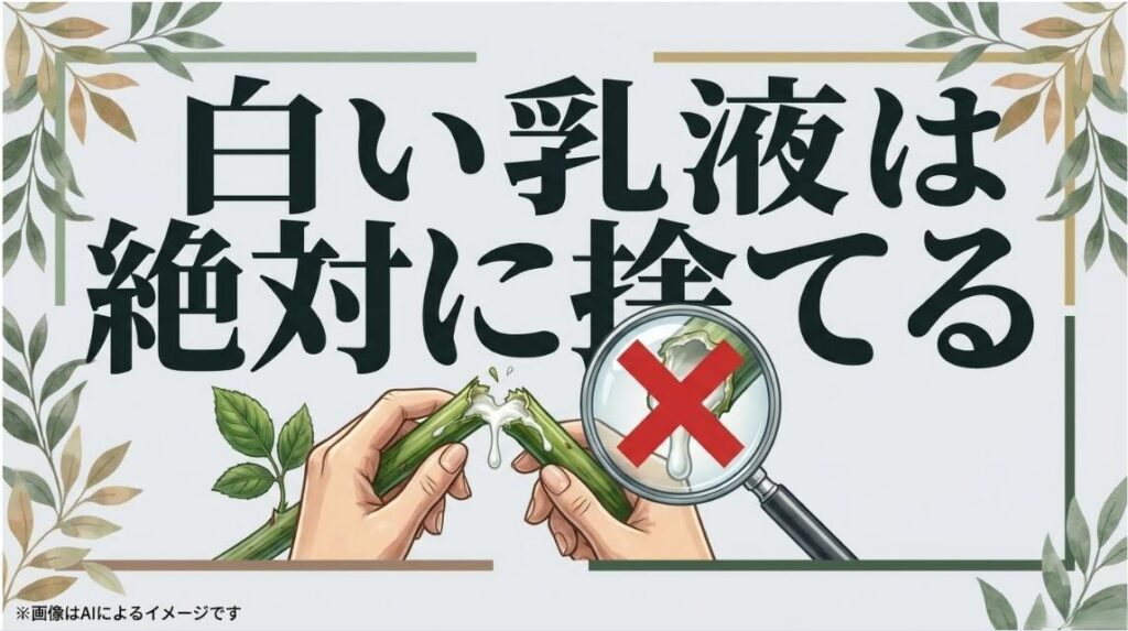茎を折って白い乳液が出ている様子を虫眼鏡で確認する手元のイラストと、「白い乳液は絶対に捨てる」という赤い×印の警告スライド