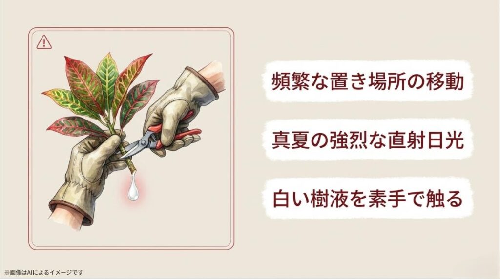 枝を切る手袋のイラストと、置き場所の移動や強烈な直射日光、有毒な樹液への接触に関する注意喚起スライド