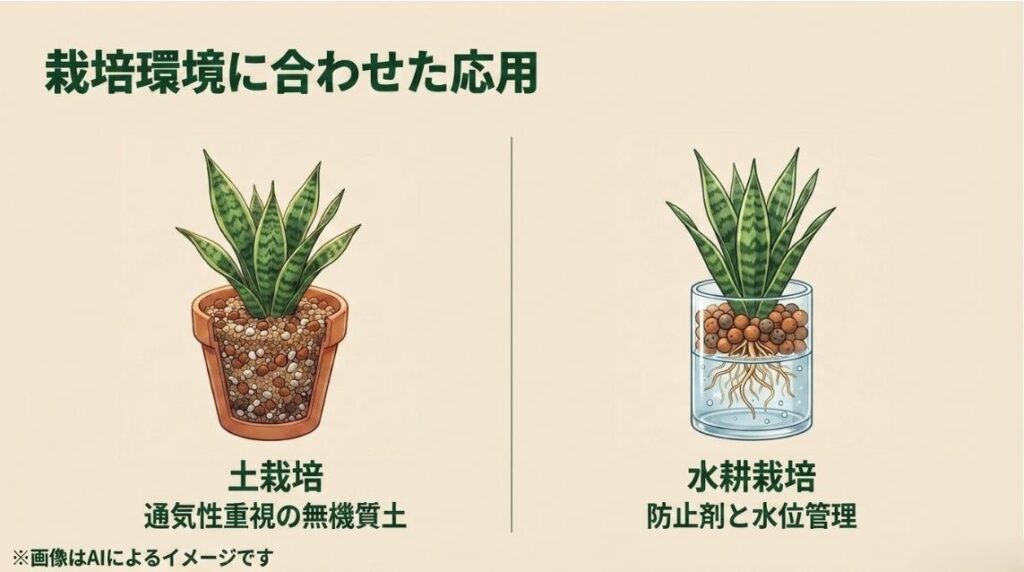 通気性を重視した無機質土での土栽培と、根腐れ防止剤や水位管理を行う水耕栽培・ハイドロカルチャーの仕立て方を並べた比較イラスト