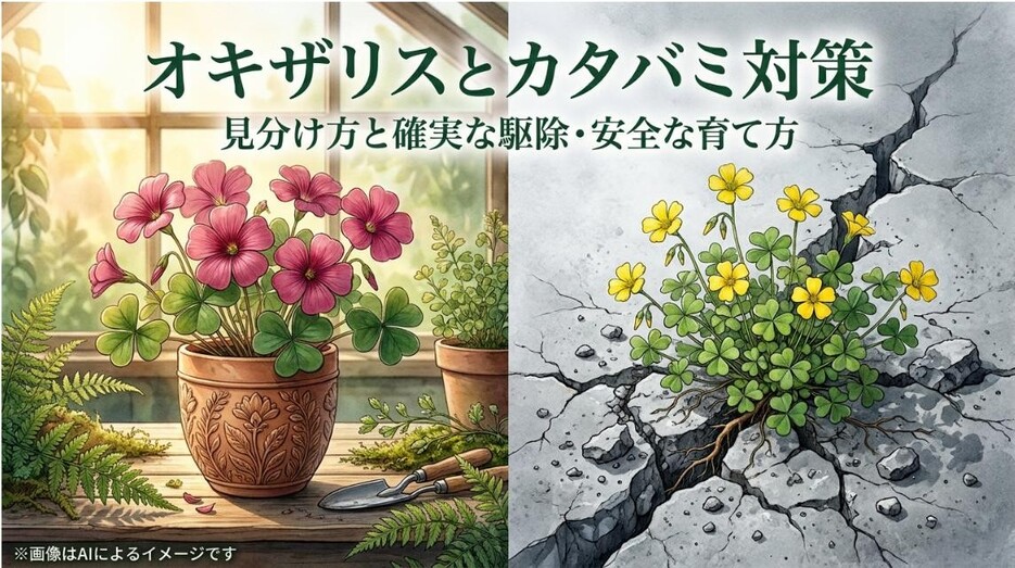 鉢植えのオキザリスと庭のカタバミのイラストで、見分け方から駆除・安全な育て方までを解説する記事タイトルのアイキャッチ画像
