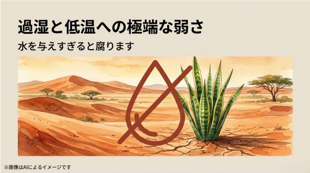 砂漠に生えるサンスベリアのイラストと水滴の禁止マークを描き、過湿と低温への弱さと水の与えすぎに対する注意を促すスライド
