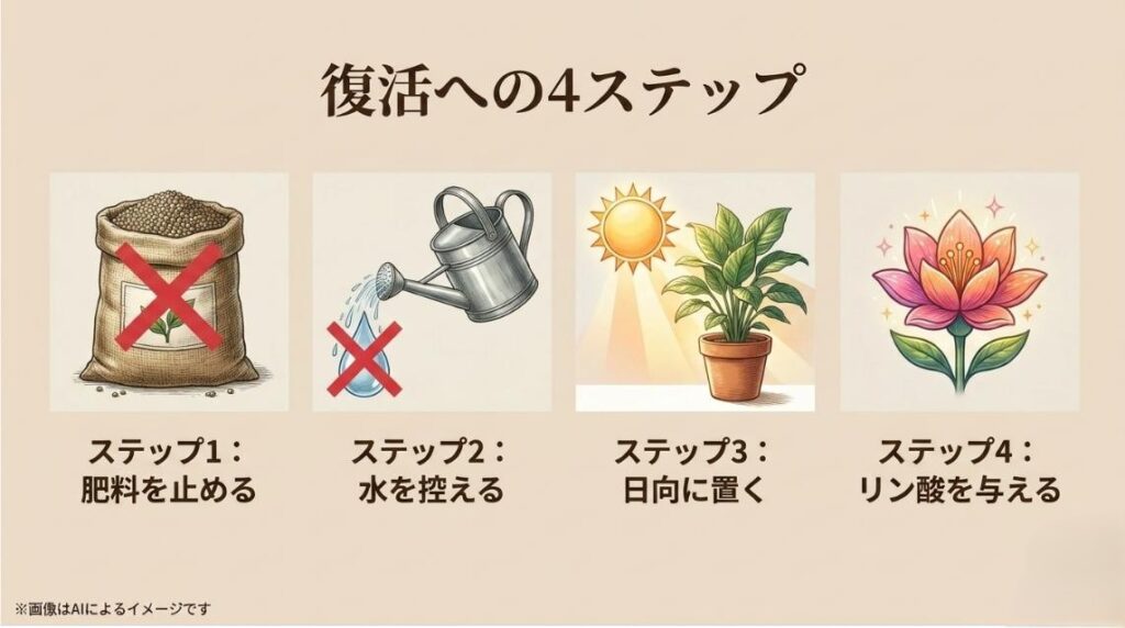肥料や水を控えて日向に置きリン酸を与えることで開花を促進する4つのステップを解説したスライド