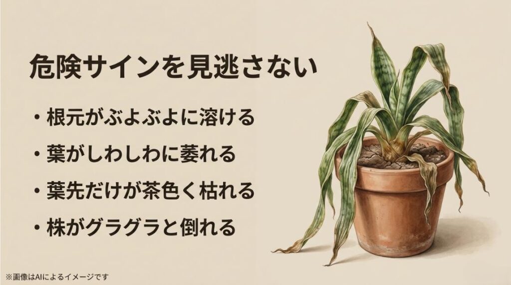 葉がしわしわに萎れて垂れ下がったサンスベリアのイラストと、根元のぶよぶよや葉先の枯れなどの危険サインをまとめたスライド