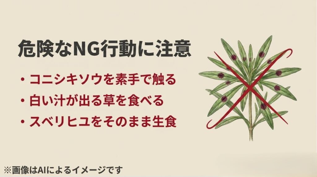 葉に赤紫色の斑点がある有毒なコニシキソウに大きな赤いバツ印が重ねられ、素手での接触や生食の危険性を警告するスライド