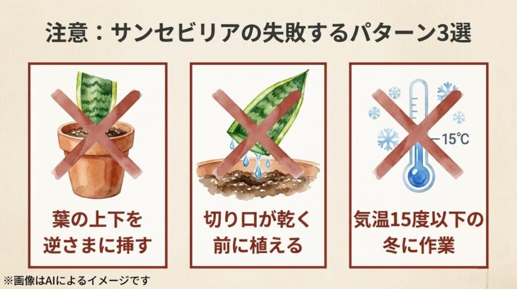 葉の上下逆さま挿し、切り口乾燥前の植え付け、気温15度以下の冬の作業という、サンスベリア増殖時の3大失敗例をまとめた注意喚起スライド