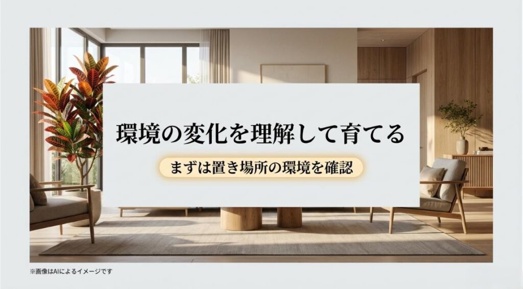 明るいリビングに飾られたクロトンと、環境の変化を理解して置き場所を確認する重要性を伝えるスライド