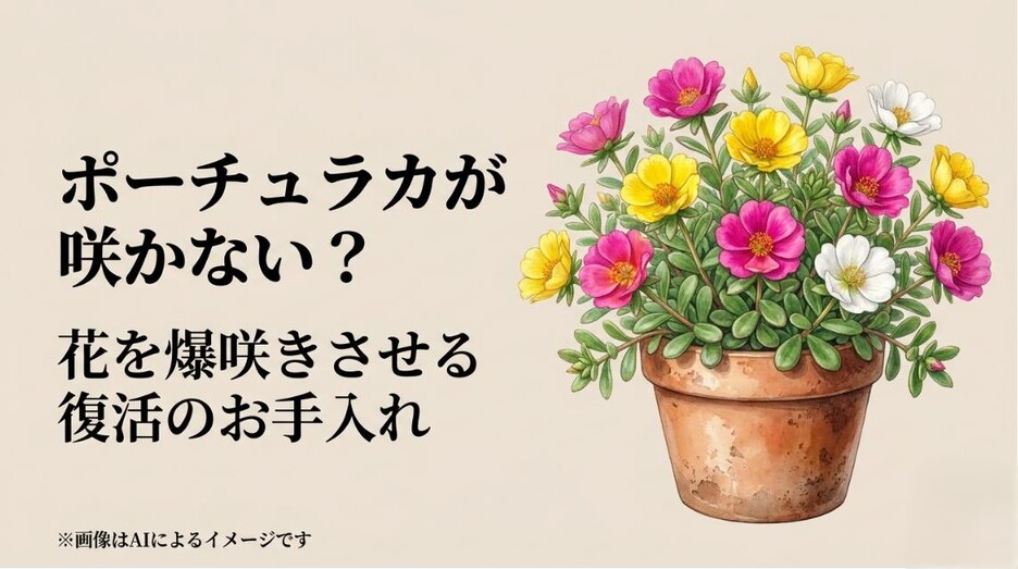鉢植えに咲くカラフルなポーチュラカのイラストと、花を爆咲きさせる復活のお手入れを伝えるタイトルのアイキャッチ画像