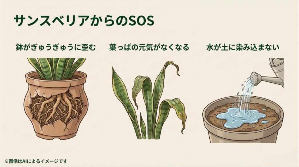 鉢の中で根がぎゅうぎゅうに詰まってひび割れ、水分が染み込まない状態を描いたサンスベリアのSOSサインイラスト