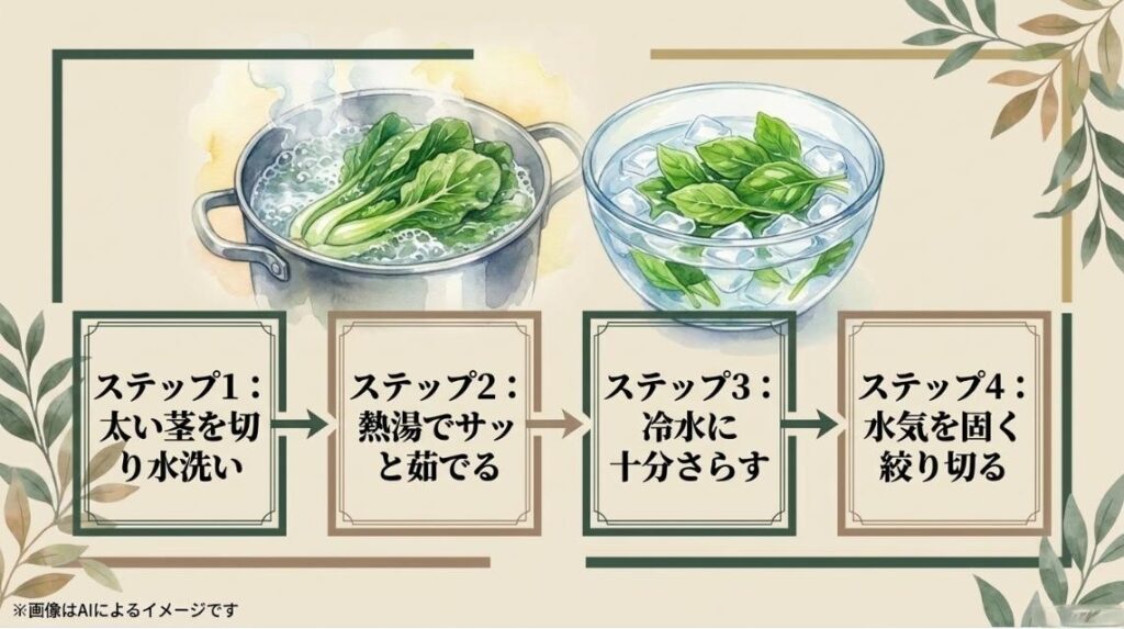 太い茎の切除と水洗い、熱湯で茹でる、冷水にさらす、水気を絞るというアク抜き処理の4つのステップを説明したスライド