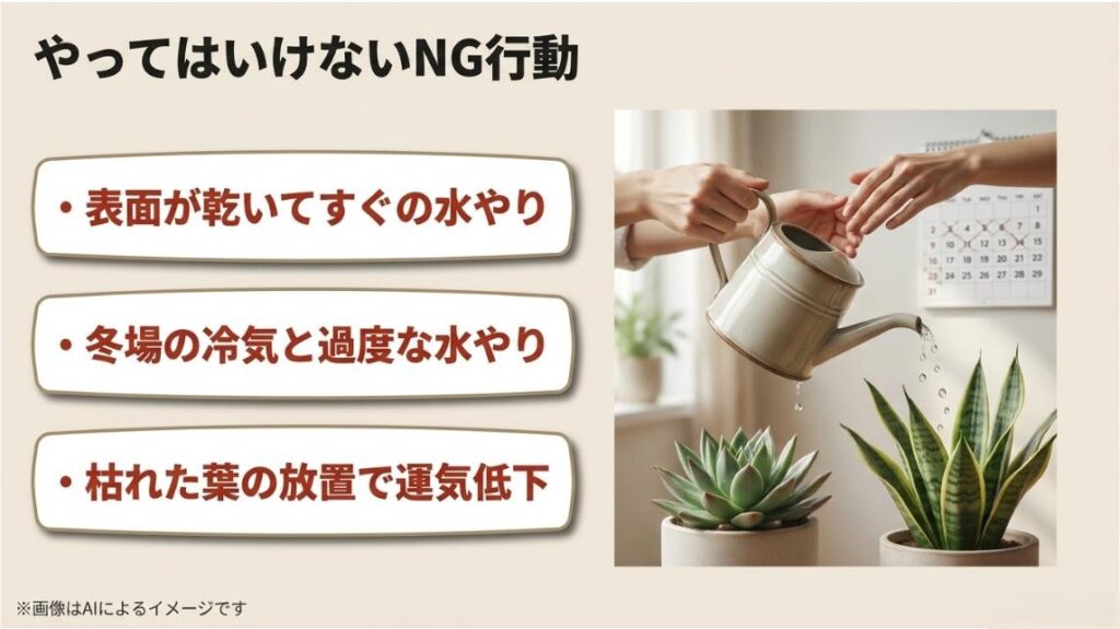 頻繁な水やりや冷気への暴露、枯れた葉の放置による運気低下など、避けるべきNG行動をまとめたスライド