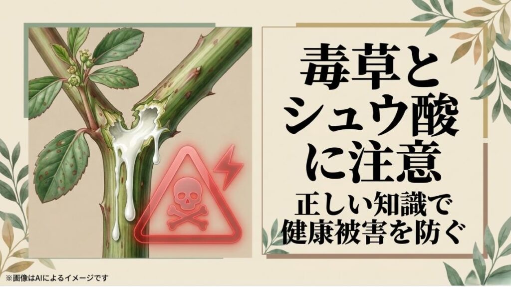 茎の切り口から白い液が出る植物のイラストと危険マーク、毒草とシュウ酸に注意して正しい知識で健康被害を防ぐことを伝えるスライド