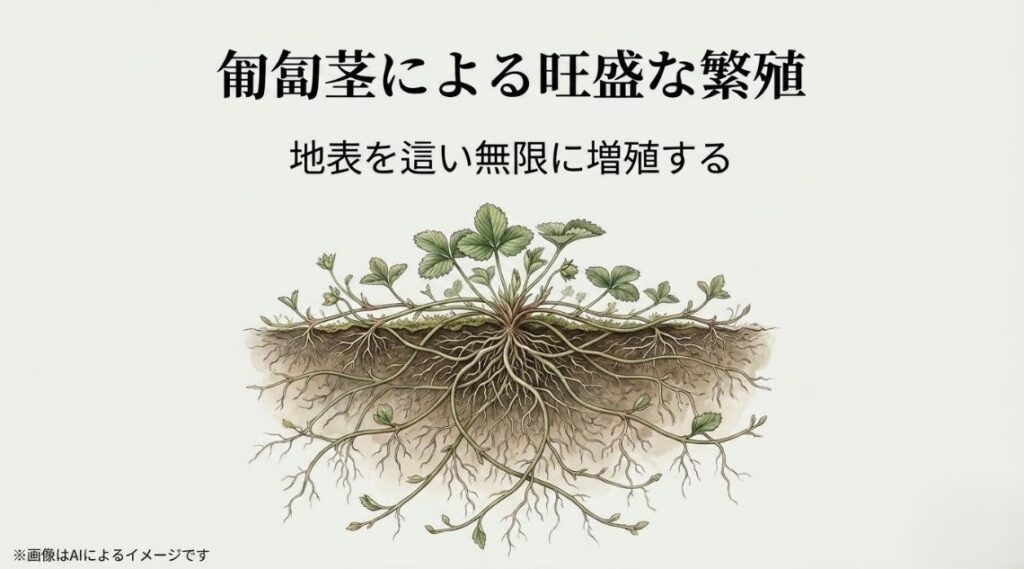 匍匐茎が地表を這い、地下で緻密な根を張って無限に増殖するサギゴケの生態イラスト