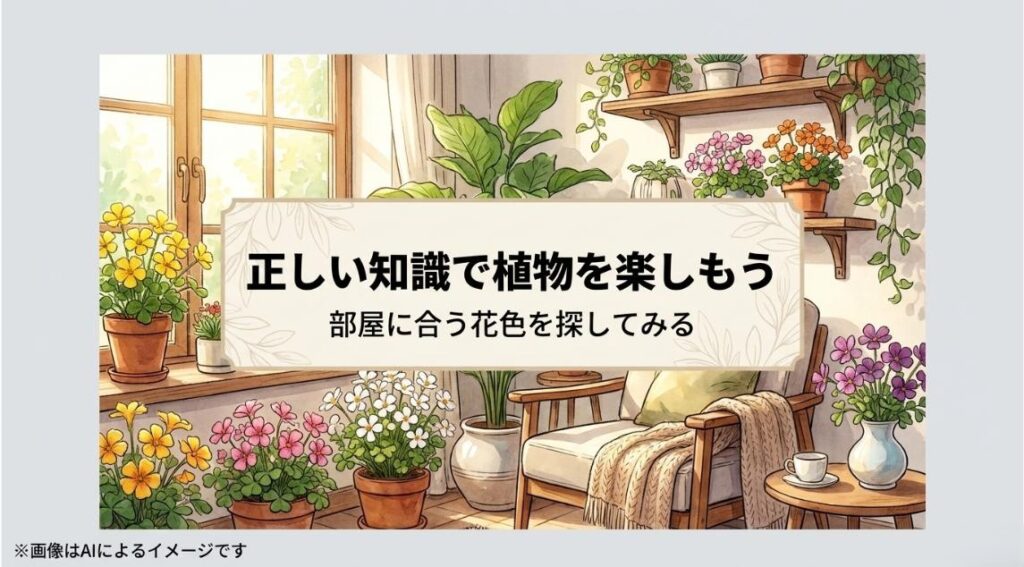 窓辺やテーブルに飾られた様々な色のオキザリスの鉢植えと、正しい知識で植物を楽しむことを促すメッセージ