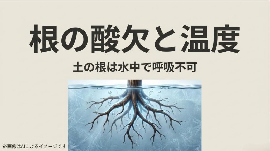 水中に浸かった根のイラストと、土の根が水中で呼吸できないことや温度環境の重要性を解説した図解
