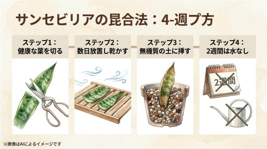 健康な葉のカット、数日間の乾燥、無機質用土への挿し込み、植え付け後2週間の断水という葉挿しの4工程を解説した図解スライド