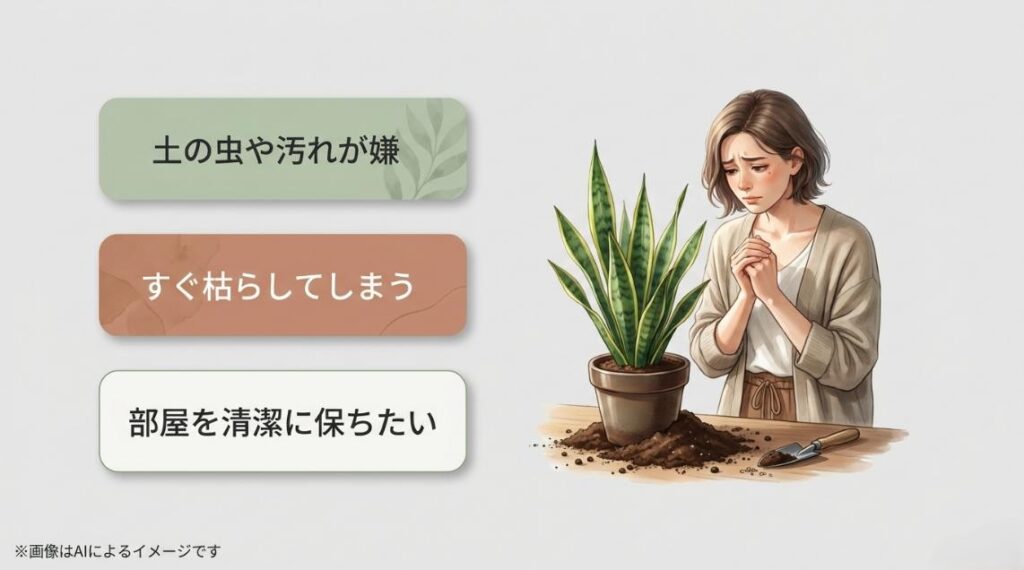 土の鉢植えを前に虫や汚れ、枯れてしまうことに悩む女性のイラストと、部屋を清潔に保ちたいというメッセージ
