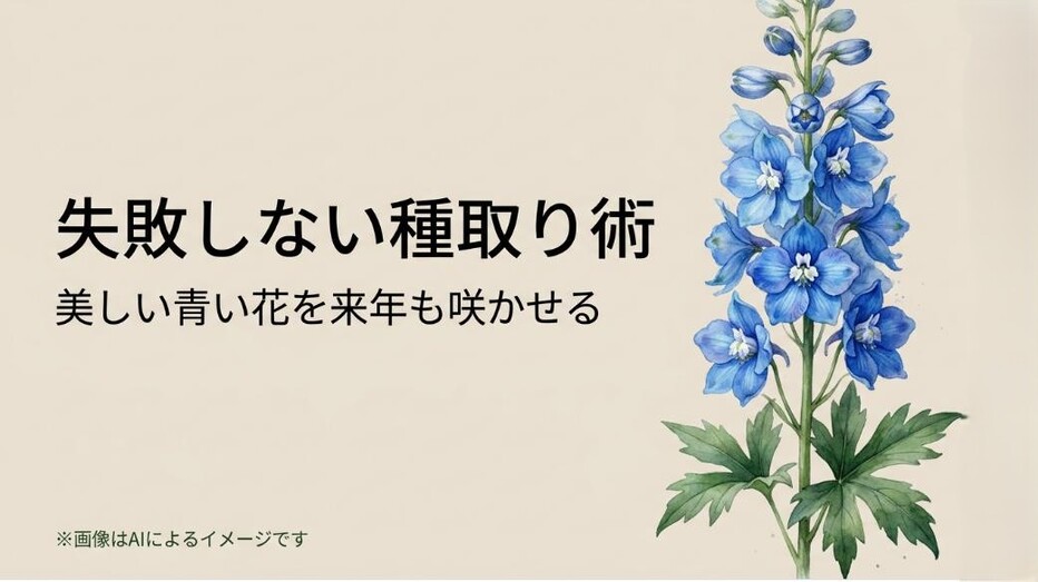美しい青いデルフィニウムの花のイラストと、「失敗しない種取り術」というタイトルが書かれたアイキャッチ画像