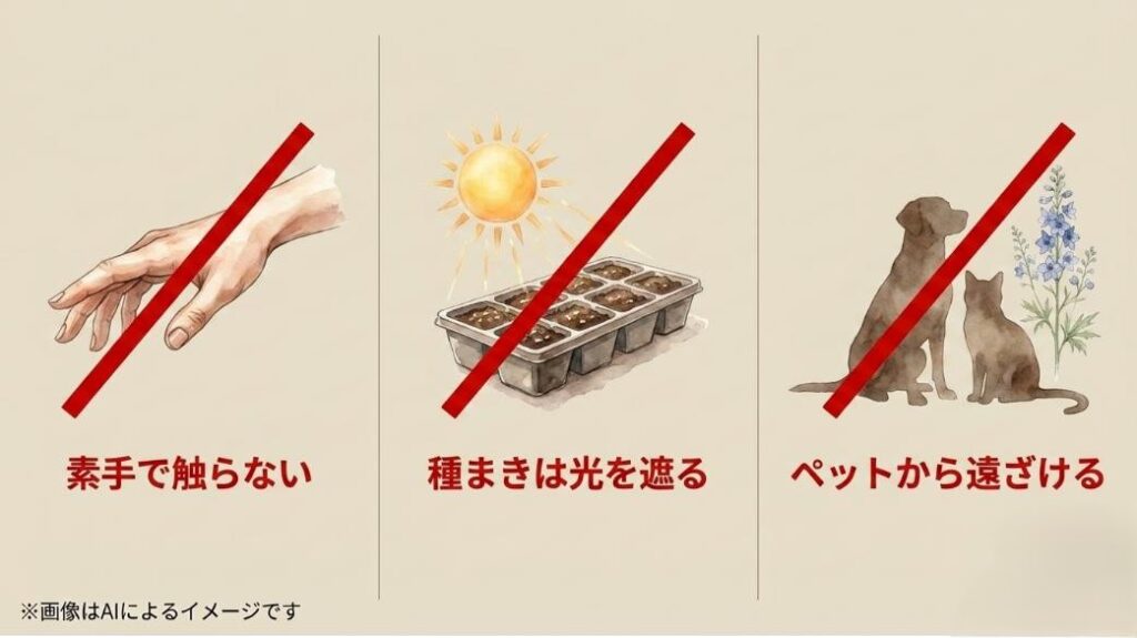 太陽光を浴びる育苗トレイと、犬猫のシルエットに赤いバツ印がつけられた、安全管理と遮光を促す警告画像