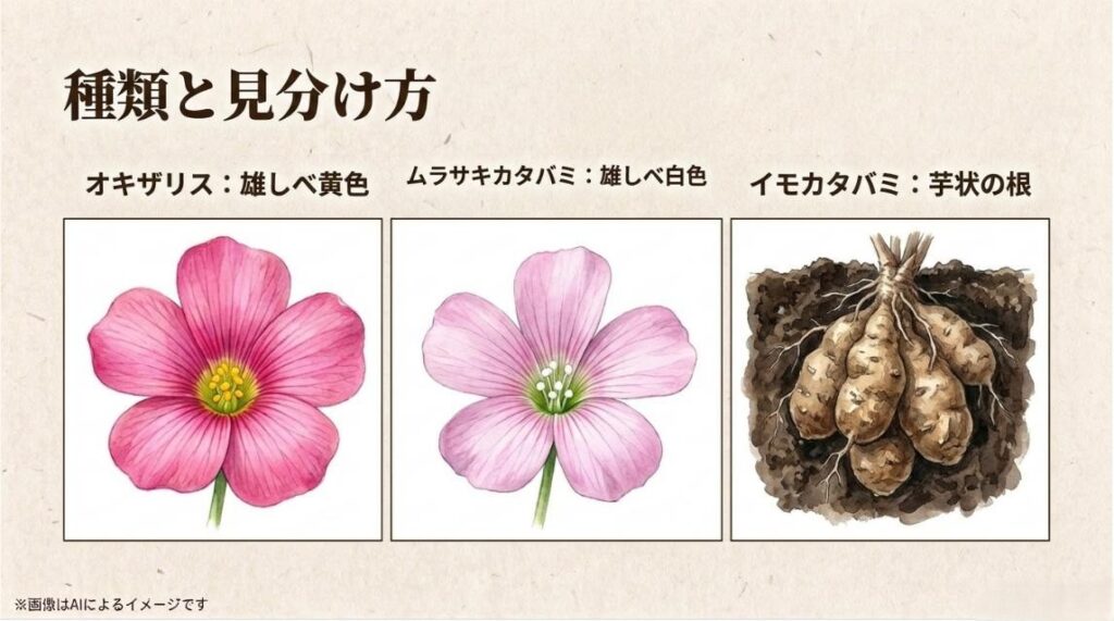 雄しべの色や根の形状など、オキザリスとムラサキカタバミ、イモカタバミの決定的な違いを比較した図解スライド