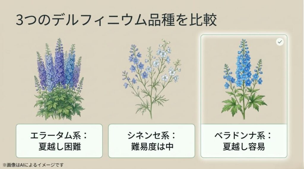エラータム系、シネンセ系、ベラドンナ系のそれぞれの花姿と夏越し難易度を比較したイラスト