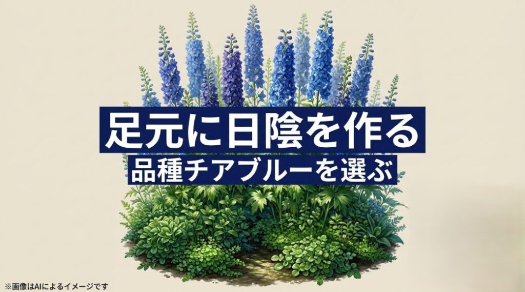 移植ダメージや高温乾燥などのNG行動と、足元の日陰作りやチアブルーを選ぶという正解を比較したスライド