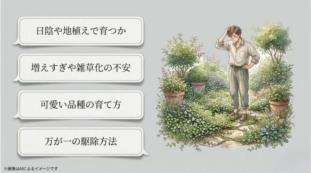 日陰での育て方、増えすぎや雑草化の不安、駆除方法などの疑問点をまとめたスライド画像