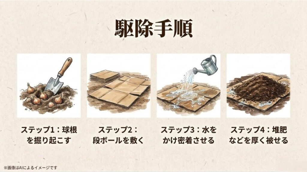 球根の掘り起こしから段ボールの設置、水まき、堆肥被せまでの環境に優しい駆除の4ステップを図解したスライド