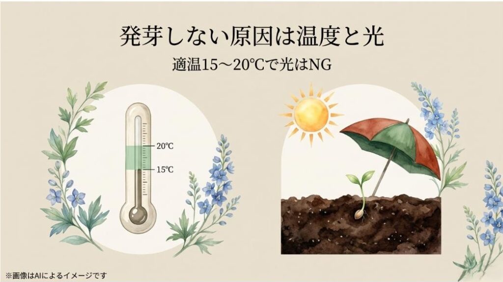15〜20度を示す温度計と、太陽の光を傘で遮って発芽する種のイラスト
