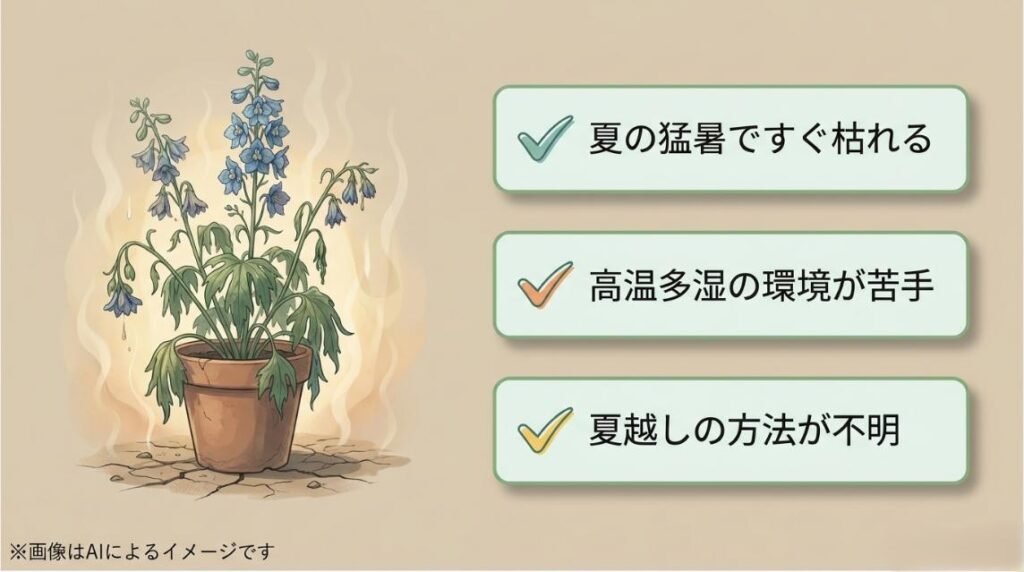 暑さと湿気でしおれてひび割れた土の上に置かれた鉢植えのデルフィニウムのイラスト