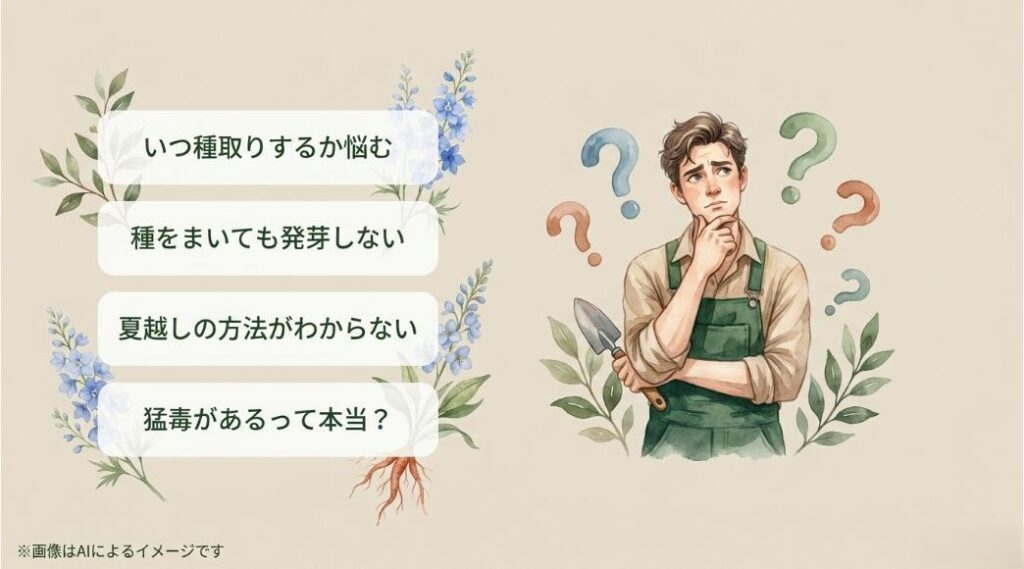 園芸用エプロン姿の男性が、種取りの時期や発芽、夏越し、毒性について悩んでいる様子を描いたイラスト