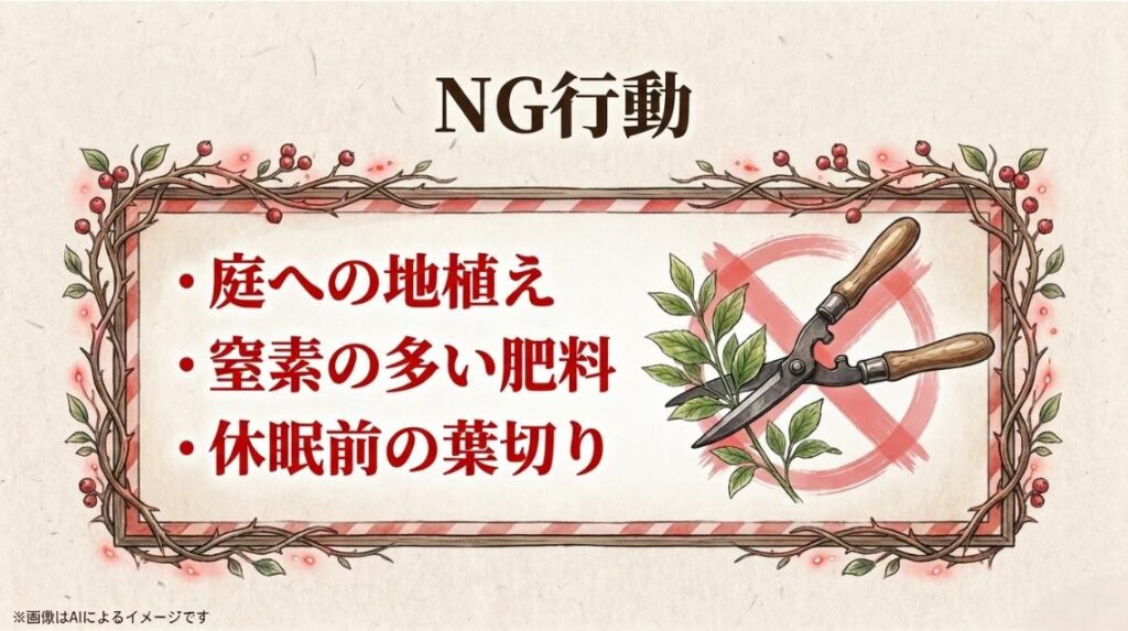 庭への地植え、窒素の多い肥料、休眠前の葉切りなど、オキザリスを育てる上で避けるべきNG行動をまとめたスライド