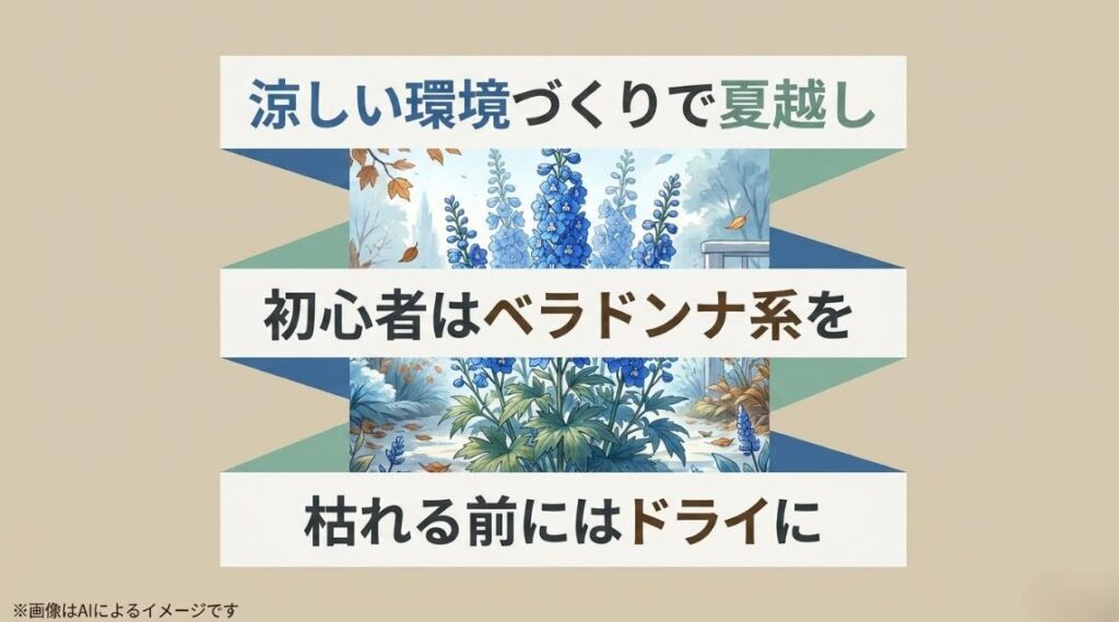 デルフィニウムの青い花の背景に、夏越しの重要ポイントをまとめたバナー画像