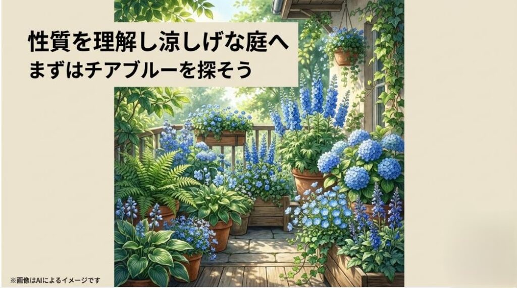 青い花々が咲き誇る美しいバルコニーの風景と、まずはチアブルーを探そうという前向きなメッセージが書かれたまとめスライド