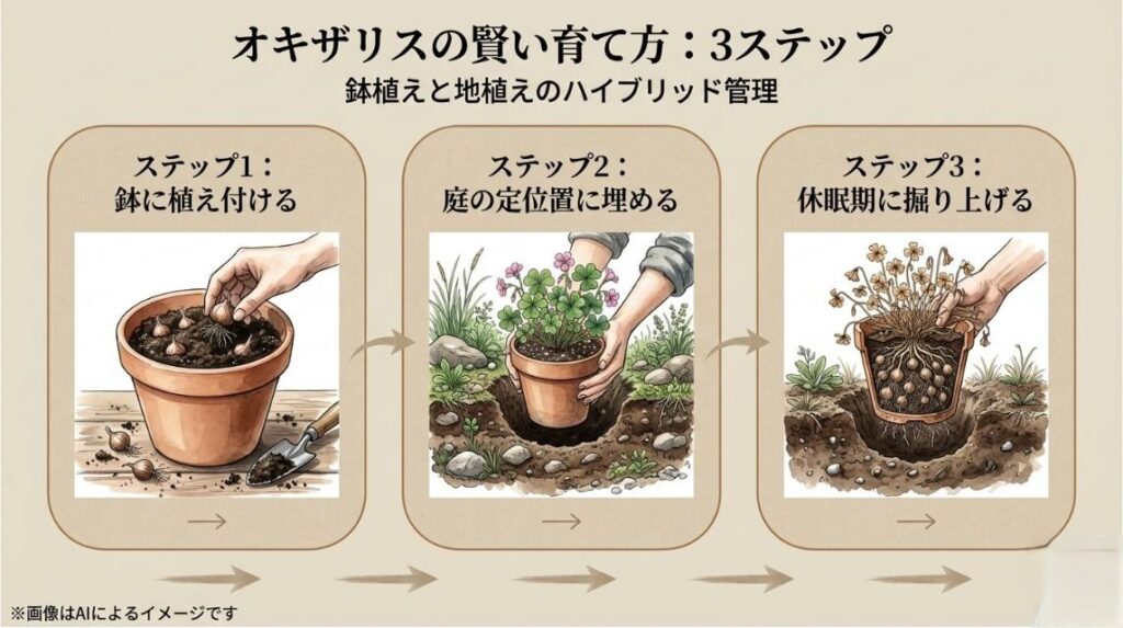 鉢への植え付け、庭への埋設、休眠期の掘り上げという3つの手順を示したイラストスライド