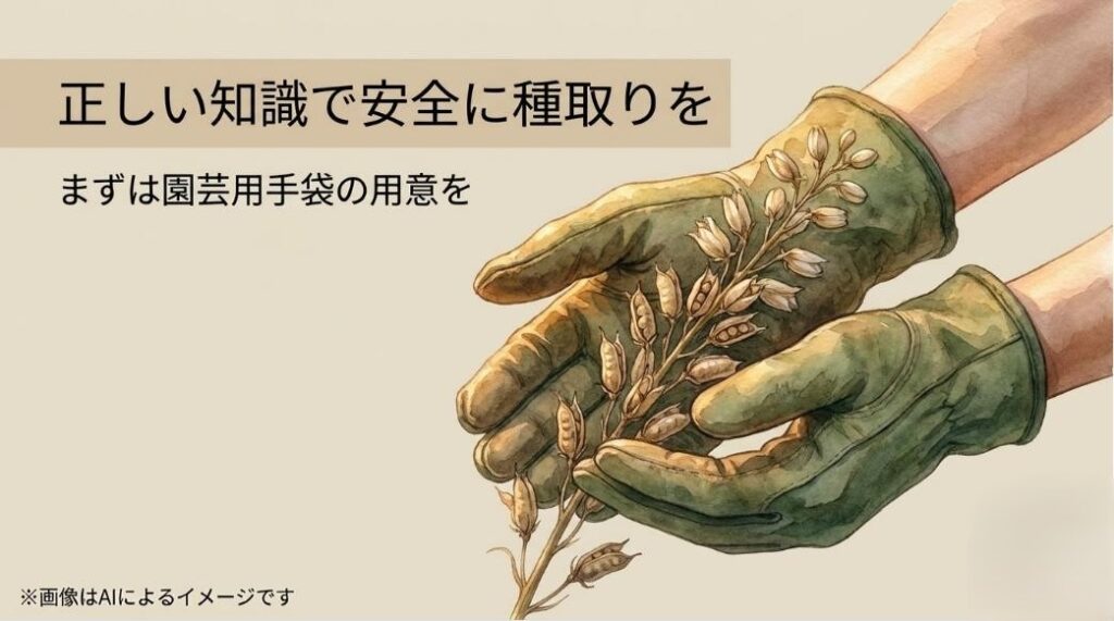 厚手の園芸用グローブをはめた両手のイラストと、正しい知識で安全に種取りを行うよう促すメッセージ