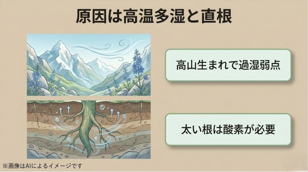 涼しい高山地帯の風景と、地中深くに伸びる太い直根が酸素を吸収する様子の図解
